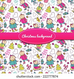 Christmas background with doodle funny children and ribbon and label, winter recreation