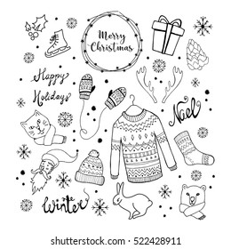 Christmas background with doodle icons.