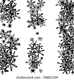 Christmas Background with Doodle Snowflakes. Black and White Winter Decoration with Stripes made of Hand Drawn Snowflakes. Cute Vector Pattern for Card, Poster, Banner. Frosty Cartoon Background