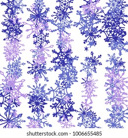 Christmas Background with Doodle Snowflakes. Blue Winter Decoration with Stripes made of Hand Drawn Snowflakes. Cute Vector Pattern for Card, Poster, Banner. Frosty Cartoon Background in Trendy Style