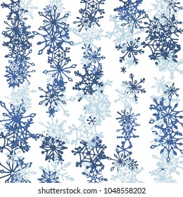 Christmas Background with Doodle Snowflakes. Blue Winter Decoration with Stripes made of Hand Drawn Snowflakes. Cute Vector Pattern for Card, Poster, Banner. Frosty Cartoon Background in Trendy Style