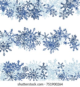 Christmas Background with Doodle Snowflakes. Blue Winter Decoration with Stripes made of Hand Drawn Snowflakes. Cute Vector Pattern for Card, Poster, Banner. Frosty Cartoon Background in Trendy Style