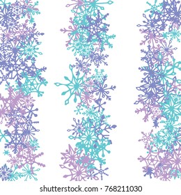 Christmas Background with Doodle Snowflakes. Blue Winter Decoration with Stripes made of Hand Drawn Snowflakes. Cute Vector Pattern for Card, Poster, Banner. Frosty Cartoon Background in Trendy Style