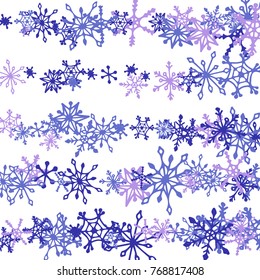 Christmas Background with Doodle Snowflakes. Blue Winter Decoration with Stripes made of Hand Drawn Snowflakes. Cute Vector Pattern for Card, Poster, Banner. Frosty Cartoon Background in Trendy Style