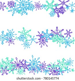 Christmas Background with Doodle Snowflakes. Blue Winter Decoration with Stripes made of Hand Drawn Snowflakes. Cute Vector Pattern for Card, Poster, Banner. Frosty Cartoon Background in Trendy Style