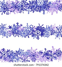 Christmas Background with Doodle Snowflakes. Blue Winter Decoration with Stripes made of Hand Drawn Snowflakes. Cute Vector Pattern for Card, Poster, Banner. Frosty Cartoon Background in Trendy Style