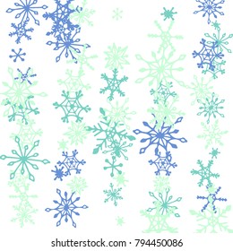 Christmas Background with Doodle Snowflakes. Blue Winter Decoration with Stripes made of Hand Drawn Snowflakes. Cute Vector Pattern for Card, Poster, Banner. Frosty Cartoon Background in Trendy Style