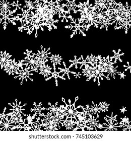 Christmas Background with Doodle Snowflakes. Winter Decoration with Stripes made of Hand Drawn Snowflakes. Cute Vector Pattern for Card, Poster, Banner. Frosty Cartoon Background in Trendy Style