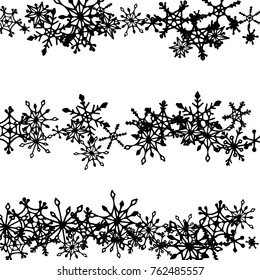Christmas Background with Doodle Snowflakes. Winter Decoration with Stripes made of Hand Drawn Snowflakes. Cute Vector Pattern for Card, Poster, Banner. Frosty Cartoon Background in Trendy Style.