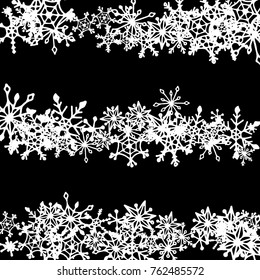 Christmas Background with Doodle Snowflakes. Winter Decoration with Stripes made of Hand Drawn Snowflakes. Cute Vector Pattern for Card, Poster, Banner. Frosty Cartoon Background in Trendy Style.