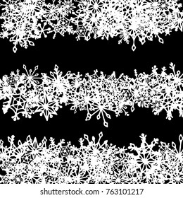 Christmas Background with Doodle Snowflakes. Winter Decoration with Stripes made of Hand Drawn Snowflakes. Cute Vector Pattern for Card, Poster, Banner. Frosty Cartoon Background in Trendy Style.