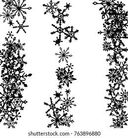 Christmas Background with Doodle Snowflakes. Winter Decoration with Stripes made of Hand Drawn Snowflakes. Cute Vector Pattern for Card, Poster, Banner. Frosty Cartoon Background in Trendy Style.