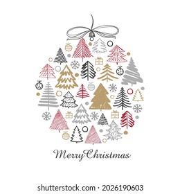 Christmas background with doodle trees in the form of a christmas ball.