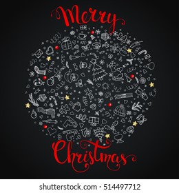 Christmas background with doodles and handwritten text "Merry Christmas"