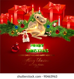 Christmas background with dragon, Santa Claus, Snowman, gifts and Christmas balls for Holiday design