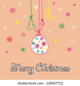 Christmas background with a drawing. Christmas balls, Christmas trees, and Christmas stockings.