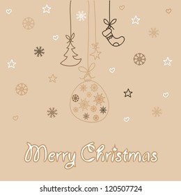 Christmas background with a drawing. Christmas balls, Christmas trees, and Christmas stockings.