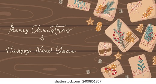Christmas background with eco gifts on dark wooden background. Copy space. Cozy Xmas holiday horizontal template for design of invitations, sale poster, greeting cards, banner