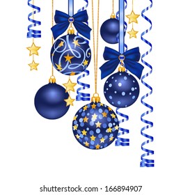 Christmas background with elegant blue balls, ribbons, golden stars  and beautiful velvet bows