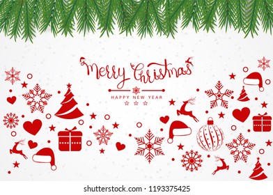 Christmas background with element icons banner, snowflakes. Vector illustration