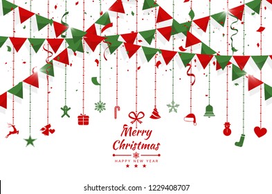 Christmas background with element icons banner, snowflakes. Colorful bunting flags with Confetti and ribbons. Vector illustration