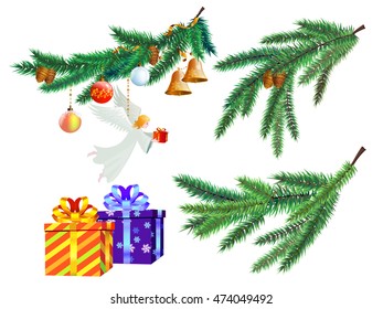 Christmas background elements with fir branches. Angel and gift boxes.