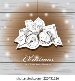 Christmas background. Christmas elements . hand drawn illustration. Wooden texture vector background