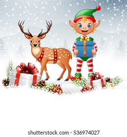 Christmas background with elf and deer 