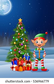 Christmas background with elf holding gift box