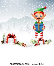 Christmas background with elf holding gift box
