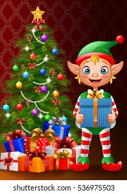 Christmas background with elf holding gift box