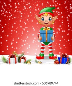 Christmas background with elf holding gift box 