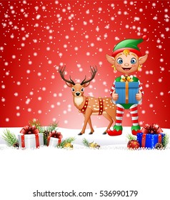 Christmas background with elf holding gift box 