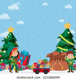 Christmas background with elves and gifts illustration