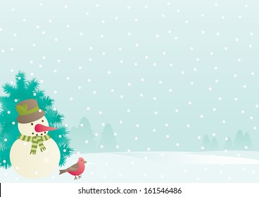 Christmas background with empty blank for text. Vector background of Snowman, fir tree and cardinal bird  on winter landscape  with snowflakes. 