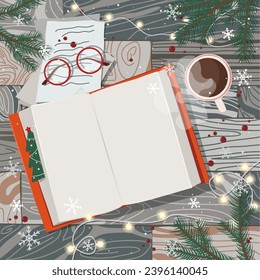 Christmas background with an empty open book, decor, garlands and fir branches around on a wooden table, top view. A flat cover with an empty space for the text. Vector illustration.