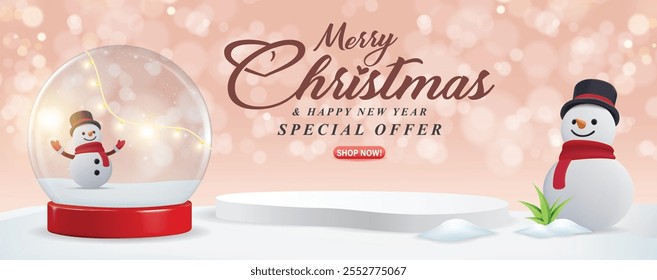 Christmas background with empty podium for promotions. Round stage for presentation sale product. Stage pedestal or platform in snow with Xmas theme, snowman, glass balls. Vector illustration