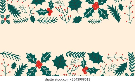 Christmas background with empty space and floral elements. Vector illustration