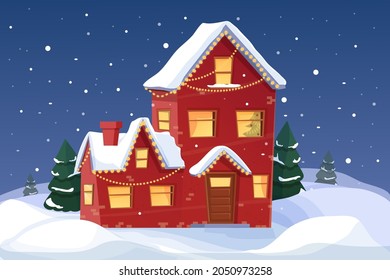 Christmas background with fairy tale house and forest in snowfall night scene in cartoon style. Holiday greeting, design element. Vector illustration