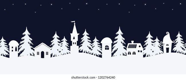 Christmas background. Fairy tale winter landscape. Seamless border. There are white fantastic lodges and fir trees on a starry sky background in the image. Vector illustration