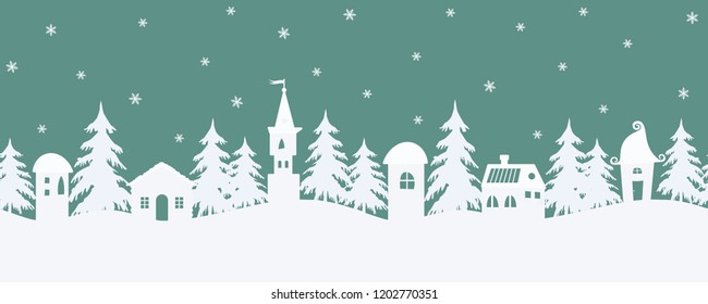 Christmas background. Fairy tale winter landscape. Seamless border. There are fantastic lodges and fir trees on a turquoise background. White silhouettes and snowflakes in the image. Vector 