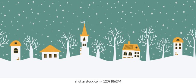 Christmas background. Fairy tale winter landscape. Seamless border. There are fantastic lodges and trees on a turquoise background. White houses with orange roofs and snowing in the picture. Vector