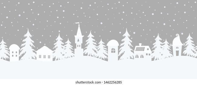 Christmas background. Fairy tale winter landscape. Seamless border. There are fantastic houses and fir trees on a gray background. White silhouettes and snowing in the image. Vector illustration