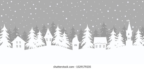 Christmas background. Fairy tale winter landscape. Seamless border. There are white houses and fir trees on a gray background. Winter village. Vector illustration