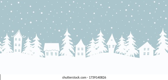 Christmas background. Fairy tale winter landscape. Seamless border. There are white houses and fir trees on a gray blue background. Winter village. Vector illustration