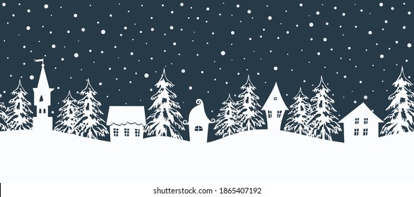 Christmas background. Fairy tale winter landscape. Seamless border. There are white houses and fir trees on a dark blue background. Winter village. Vector illustration.