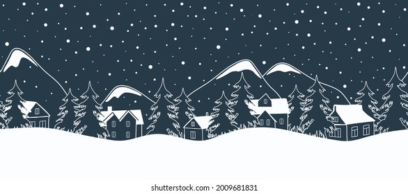 Christmas background. Fairy tale winter landscape. Seamless border. White silhouettes of houses, fir trees and mountains on a dark blue background. Winter village in the mountains. Vector illustration