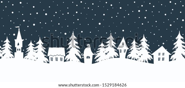 クリスマスの背景 おとぎ話の冬の風景 シームレスな境界 暗い青の背景に白い家とモミの木がある 冬の村 ベクターイラスト のベクター画像素材 ロイヤリティフリー