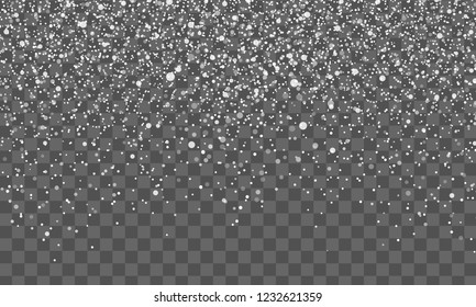 Christmas background with falling snow on transparent background. Winter holiday pattern. Vector illustration 