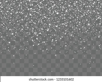 Christmas background with falling snow on transparent background. Shine winter holiday pattern. Vector illustration 